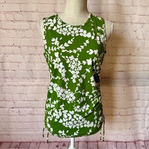 Michael Kors Top Sleeveless Kelly Green White Floral Side pull Scrunch Fitted M